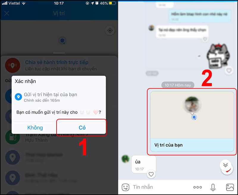 Chọn Có > Sau khi toàn tât chia sẻ, màn hình tin nhắn sẽ hiện ra như hình (2).